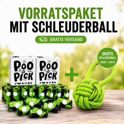 PooPick Kotbeutel (6 Packungen) + Gratis Schleuderball
